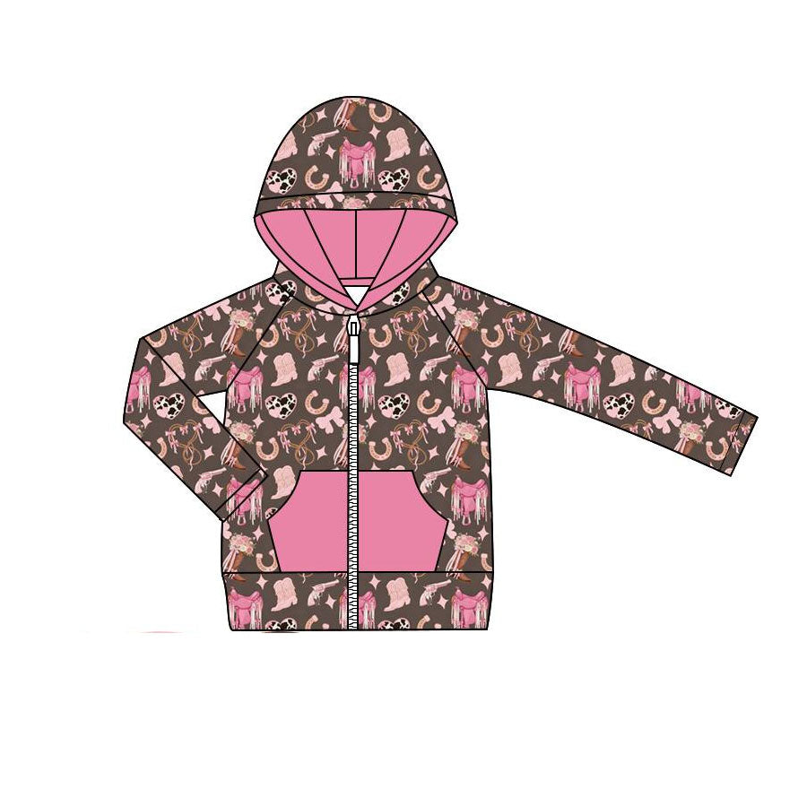 Baby Girls Pink Bows Hearts Pockets Zipper Western Hoodies Jackets Top Preorder