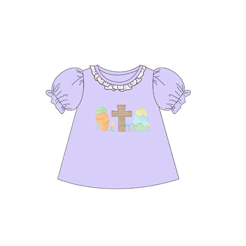 Baby Girls Purple Ruffle Sleeve Collar Carrots Eggs Cross Easter T-shirts Top Preorder