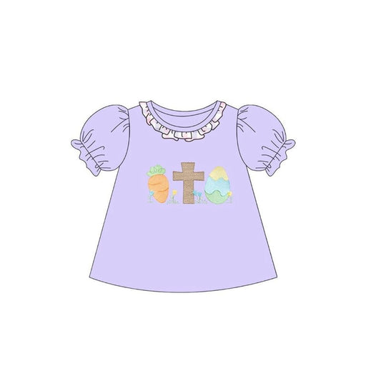 Baby Girls Purple Ruffle Sleeve Collar Carrots Eggs Cross Easter T-shirts Top Preorder