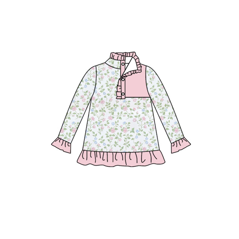 Baby Girls Long Ruffle Sleeve Pink Flowers Button Pullovers Top Preorder