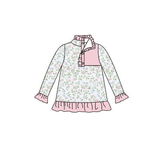 Baby Girls Long Ruffle Sleeve Pink Flowers Button Pullovers Top Preorder