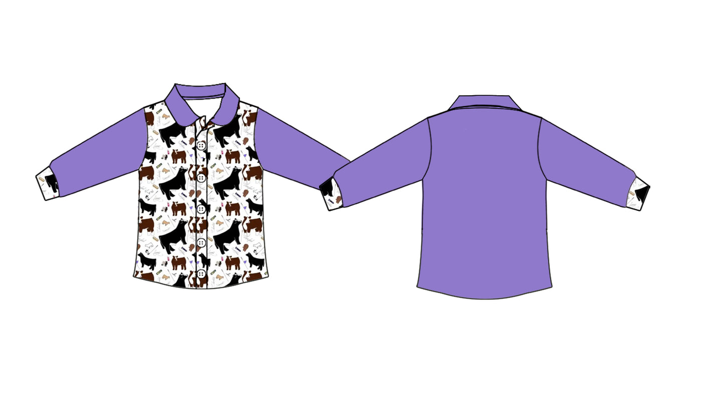 Baby Girls Purple Long Sleeve Western Cows Button Polo Shirts Top Preorder