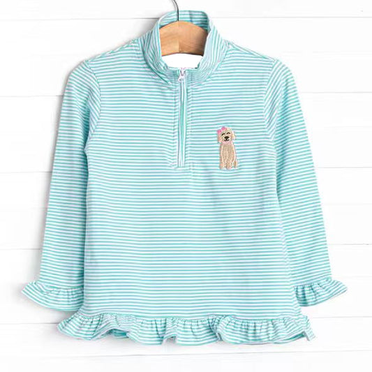 Baby Girls Long Ruffle Sleeve Aqua Stripe Dogs Zipper Hunting Pullovers Top Preorder