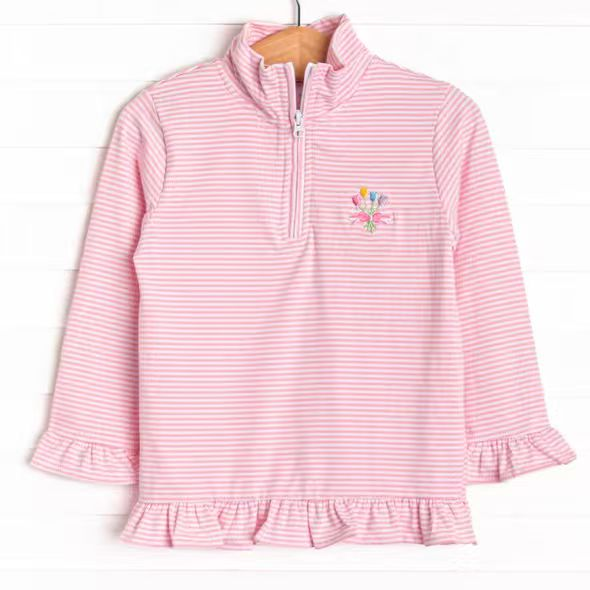 Baby Girls Long Ruffle Sleeve Pink Stripe Flowers Zipper Hunting Pullovers Top Preorder