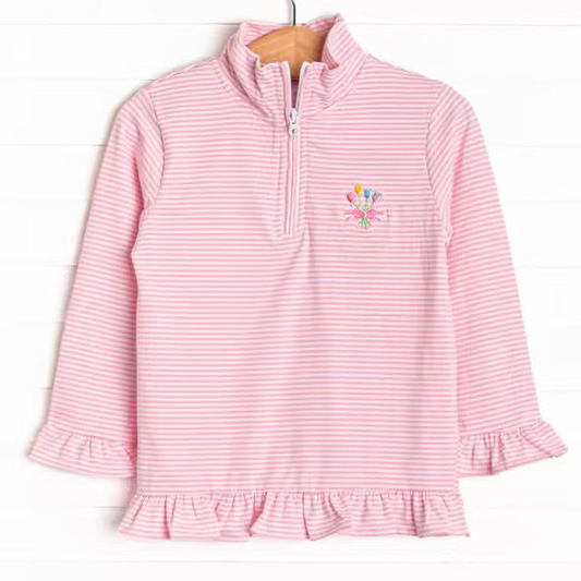 Baby Girls Long Ruffle Sleeve Pink Stripe Flowers Zipper Hunting Pullovers Top Preorder