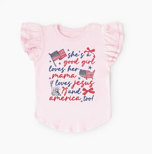 Baby Girls Pink Flutter Sleeve Flags She's a Good Girl 4th of July T-shirts Top Preorder