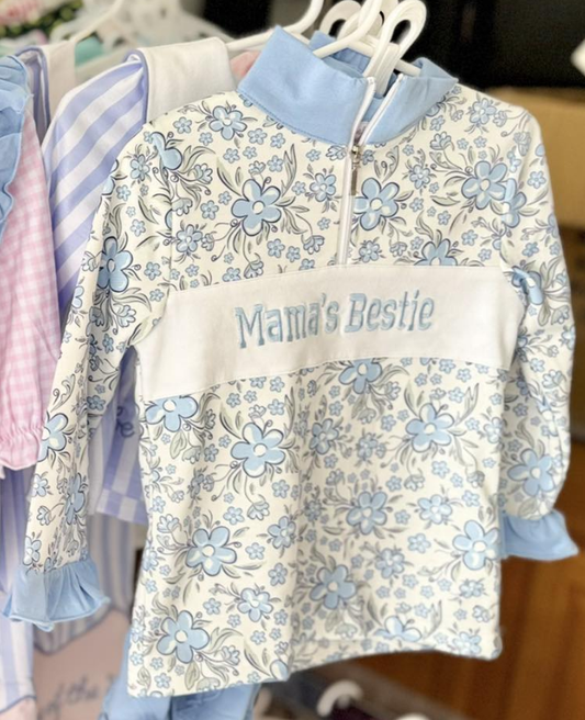 Baby Girls Blue Flowers Mama's Bestie Zipper Pullovers Top Preorder