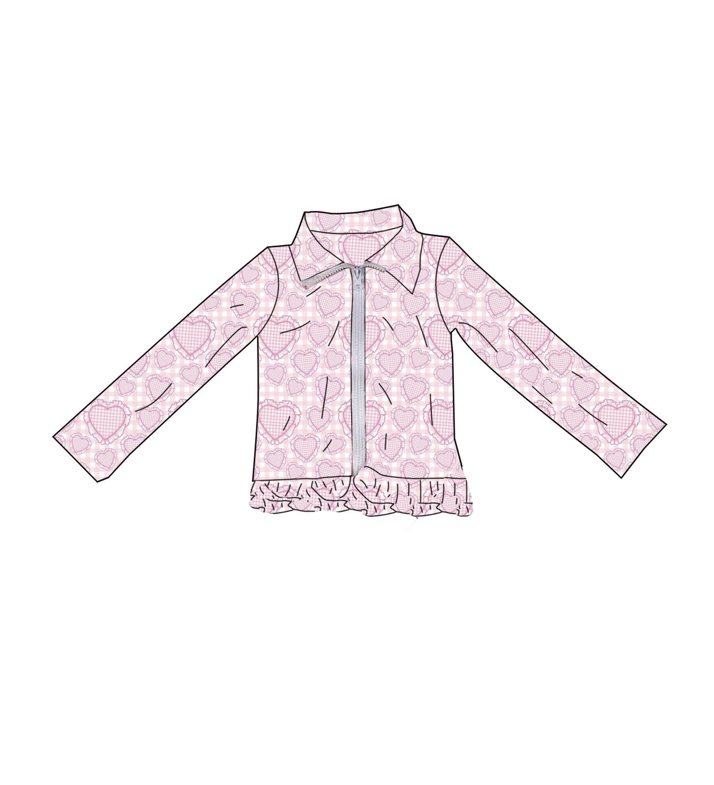 Baby Girls Long Sleeve Pink Checked Hearts Valentines Yoga Zipper Jackets Top Preorder
