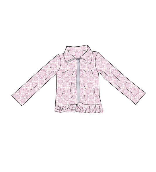 Baby Girls Long Sleeve Pink Checked Hearts Valentines Yoga Zipper Jackets Top Preorder