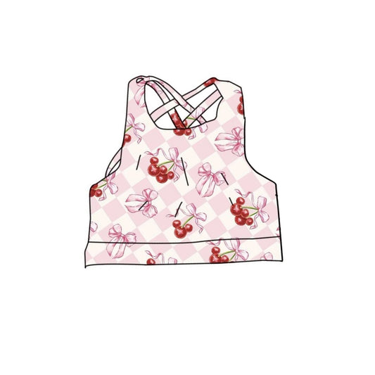 Baby Girls Strap Pink Checked Bows Cherry Yoga Vests Top Preorder