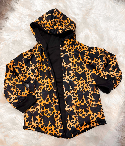 Baby Girls Long Sleeve Black Bows Leopard Zipper Hoodie Jackets Top Preorder