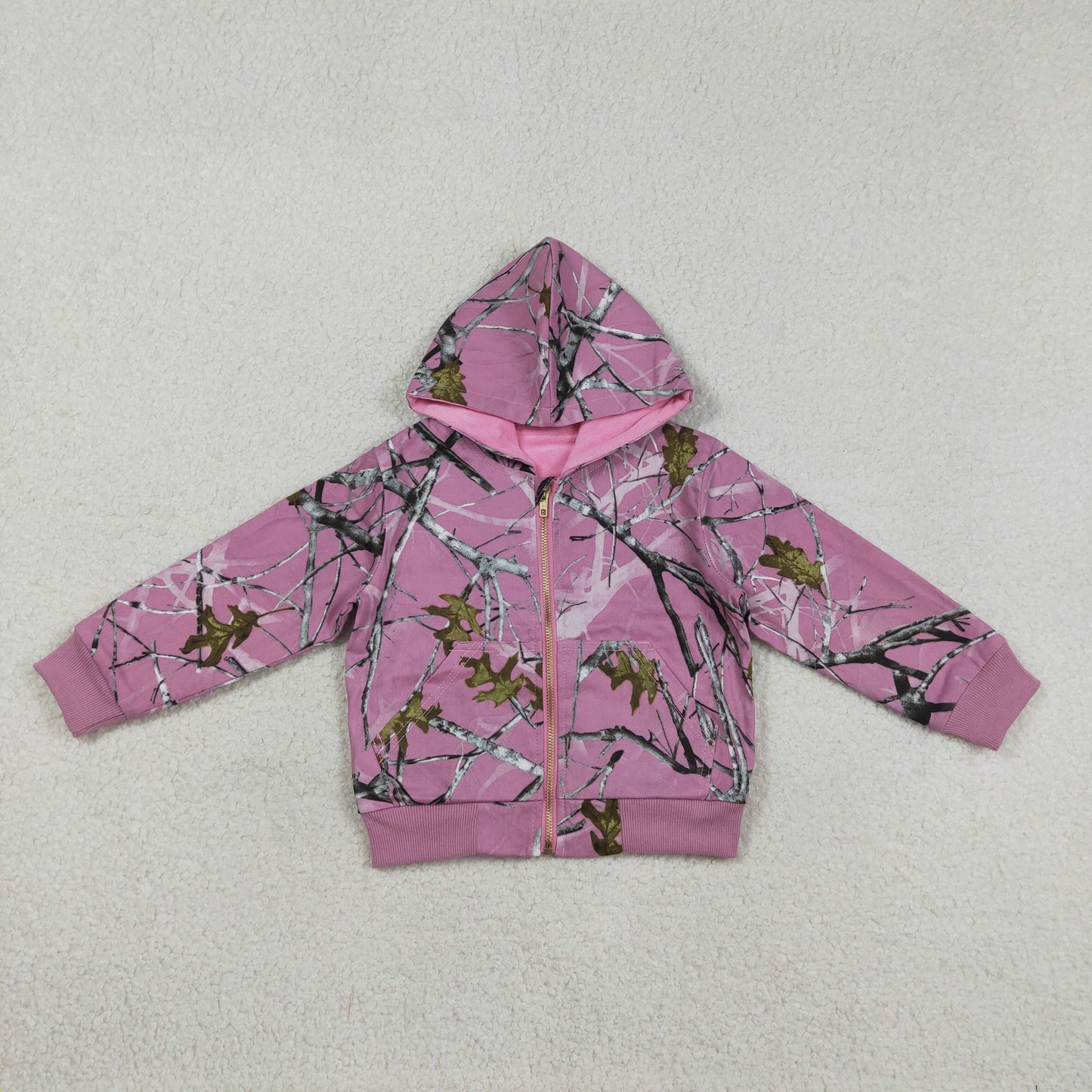 Baby Girls Pink Southern Leaves Camo Zip Pockets Hoodie Jackets Top