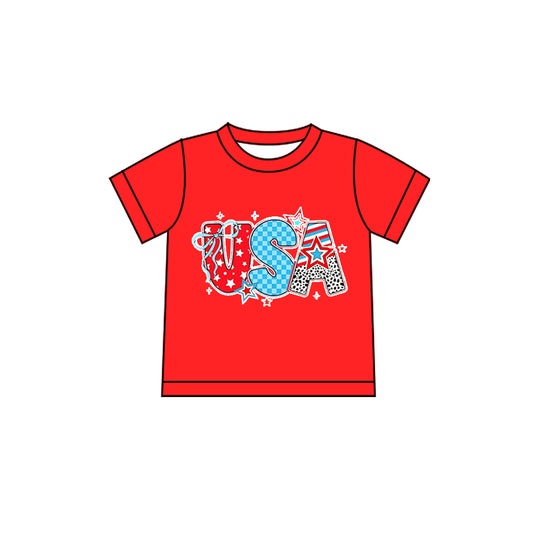 Baby Girls Red Short Sleeve USA Bows 4th of July T-shirts Top Preorder
