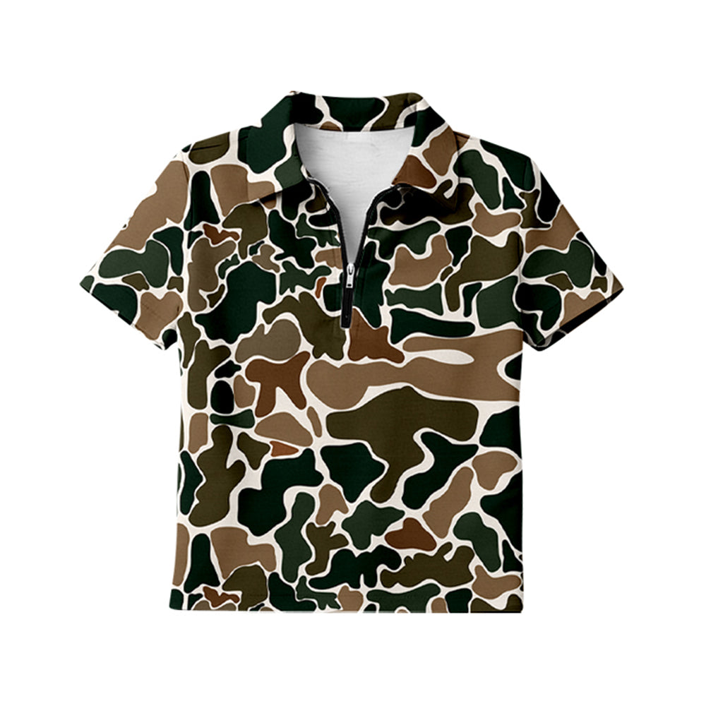 Adult Women Southern Dark Brown Camo Short Sleeve Zipper Pullovers Top Preorder
