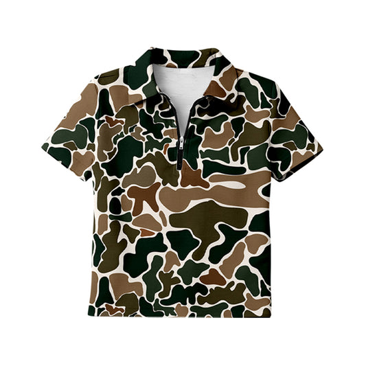 Adult Women Southern Dark Brown Camo Short Sleeve Zipper Pullovers Top Preorder