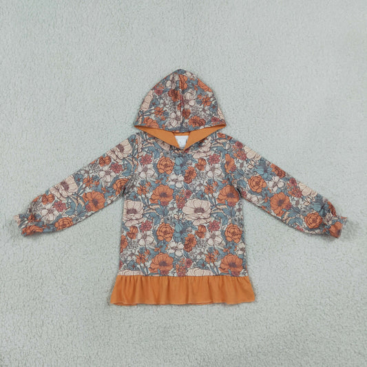 Sibling Baby Girls Flowers Pumpkins Fall Ruffle Hoodies Top