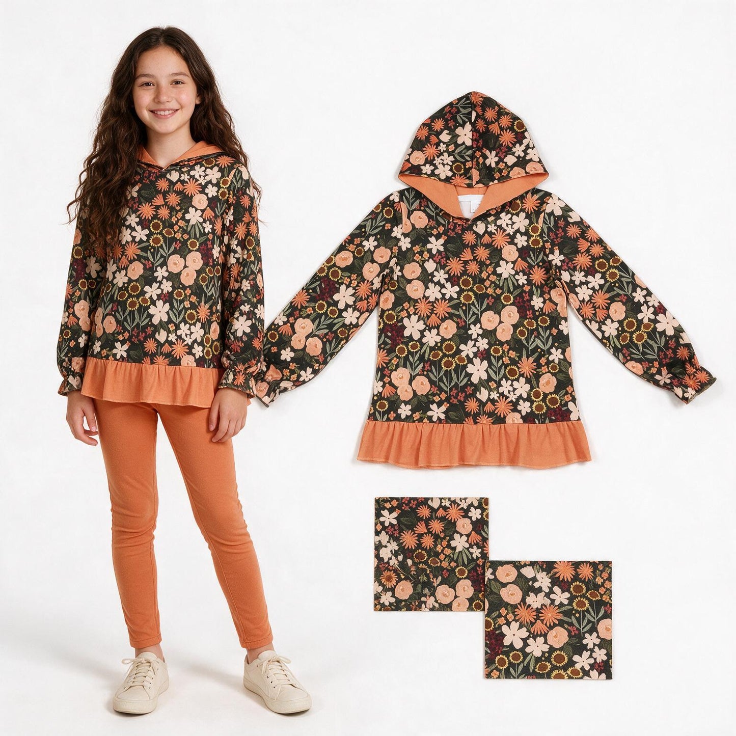 Baby Girls Long Sleeve Colorful Flowers Fall Ruffle Hoodies Top