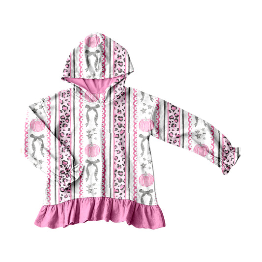 Baby Girls Bows Pumpkins Stripe Fall Ruffle Hoodies Top Preorder