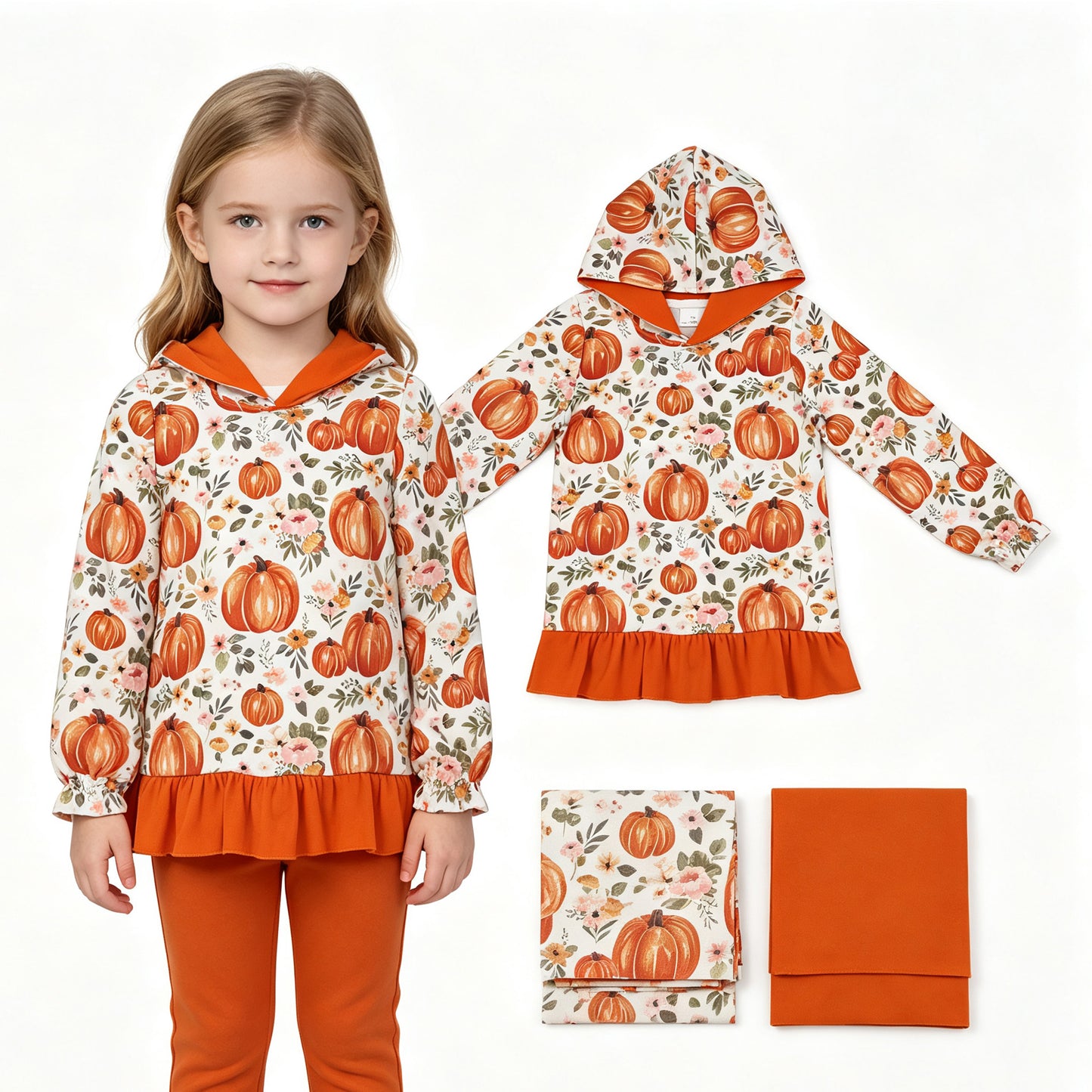 Baby Girls Flowers Pumpkins Fall Ruffle Hoodies Top