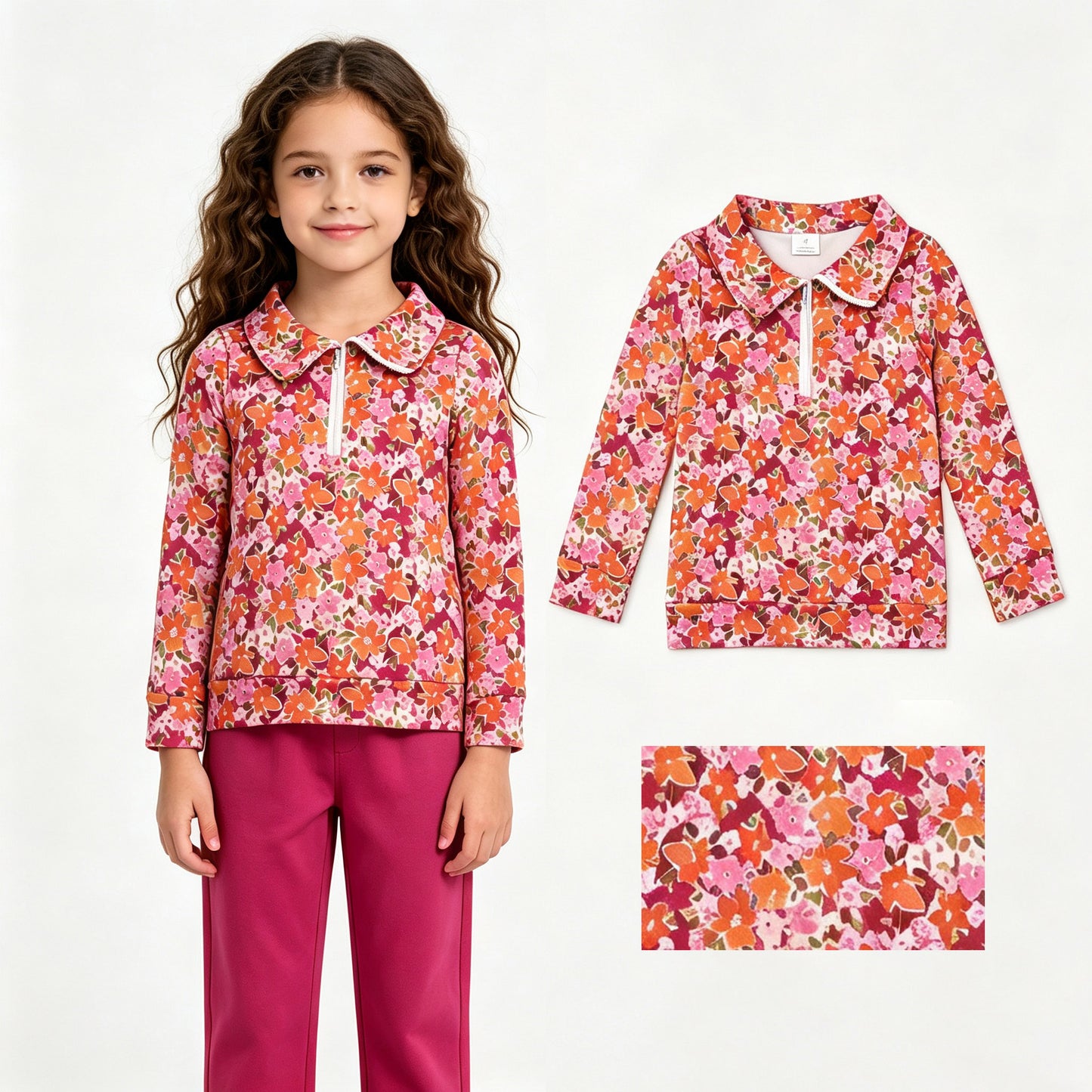 Baby Girls Long Sleeve Colorful Flowers Fall Zipper Pullovers Top