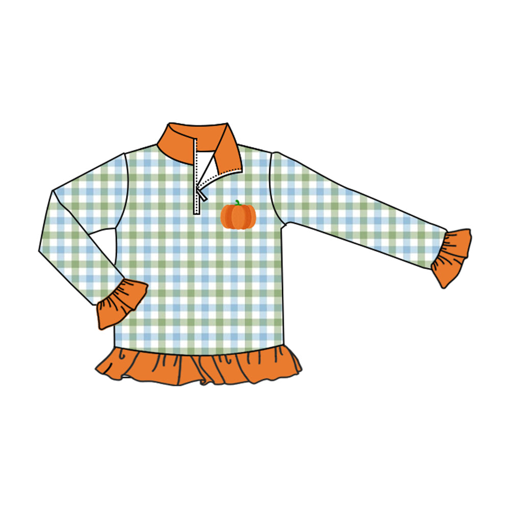 Baby Girls Long Ruffle Sleeve Green Checked Pumpkin Fall Zipper Pullovers Top Preorder