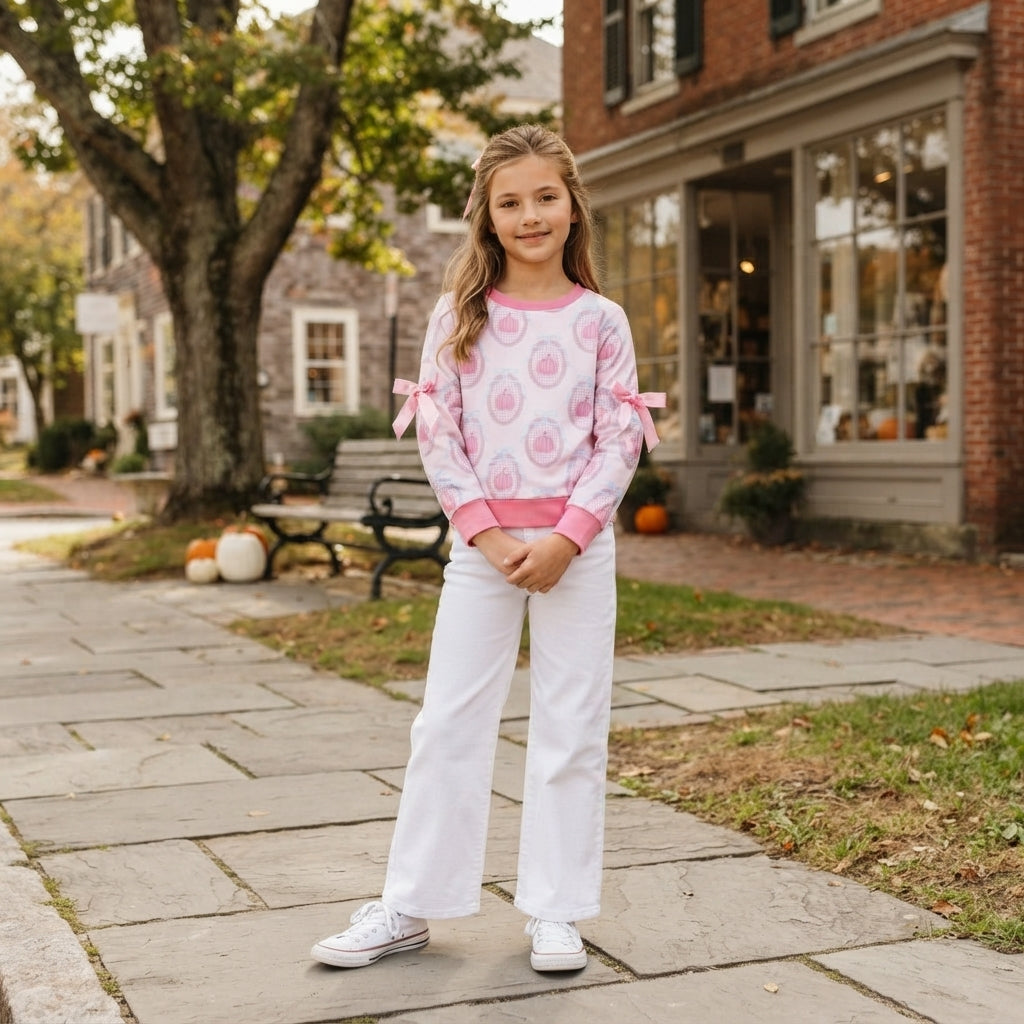 Baby Girls Long Sleeve Pink Bows Pumpkins Checked Fall T-shirt Top
