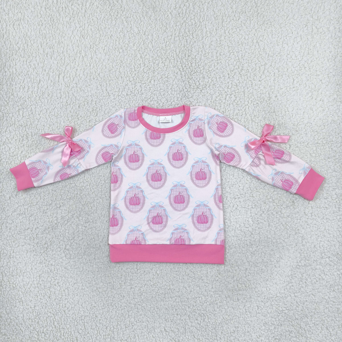 Baby Girls Long Sleeve Pink Bows Pumpkins Checked Fall T-shirt Top