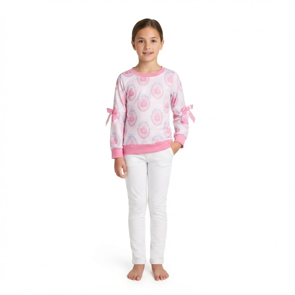 Baby Girls Long Sleeve Pink Bows Pumpkins Checked Fall T-shirt Top