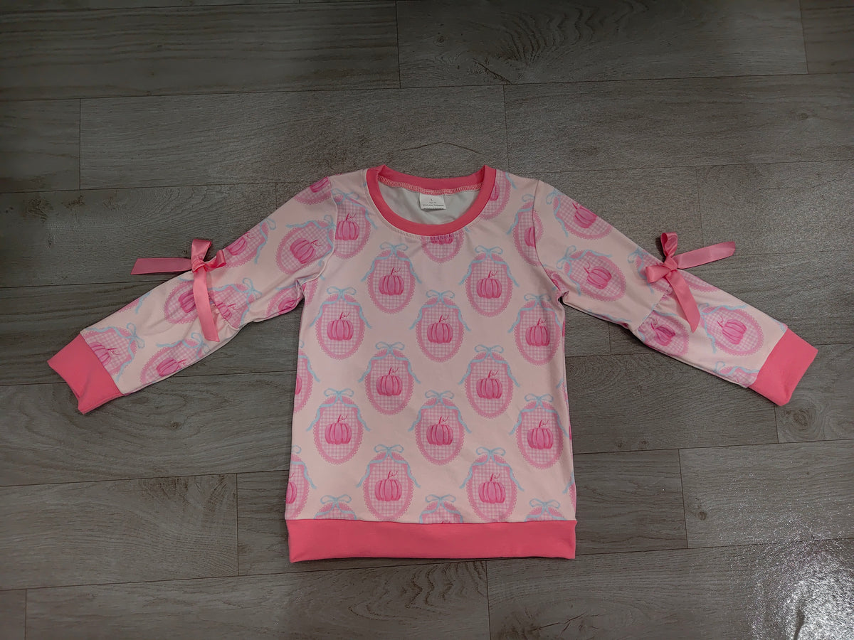Baby Girls Long Sleeve Pink Bows Pumpkins Checked Fall T-shirt Top Preorder