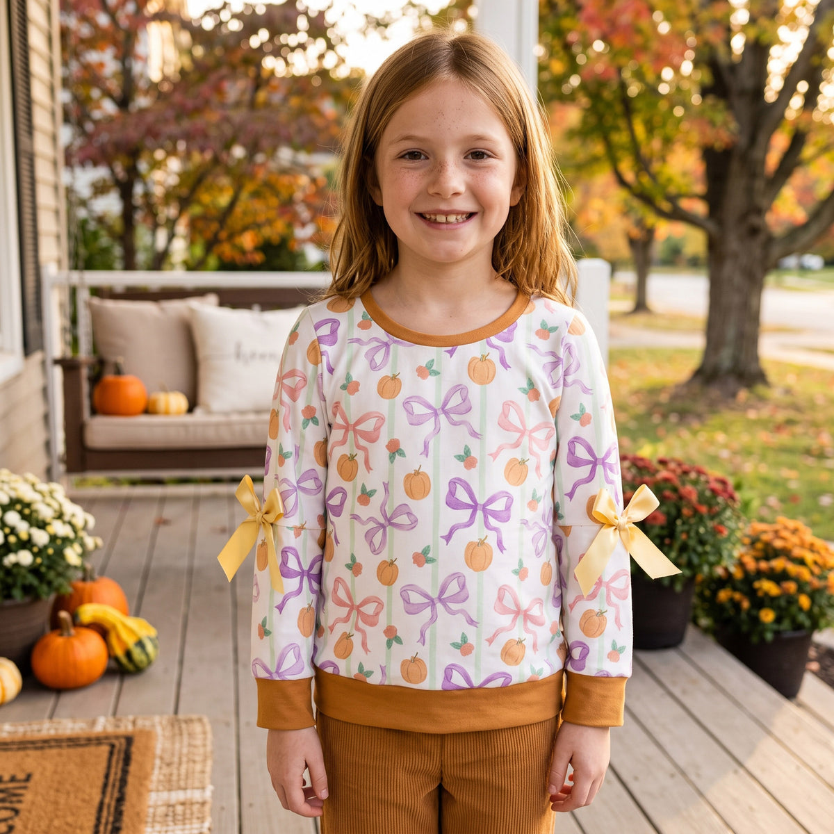 Baby Girls Long Sleeve Colorful Stripe Bows Pumpkins Fall T-shirt Top