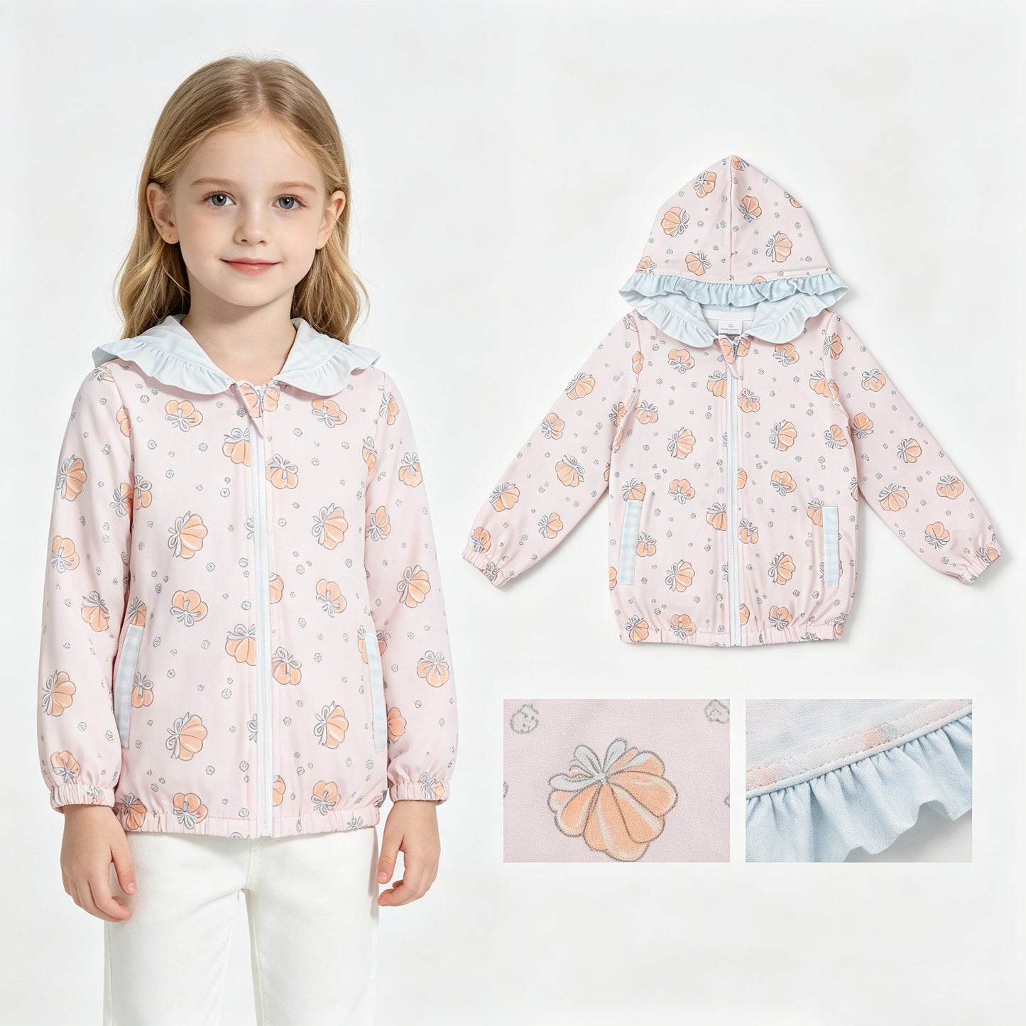 Baby Girls Long Sleeve Flowers Pumpkins Fall Zip Pockets Ruffle Hoodies Jackets Top