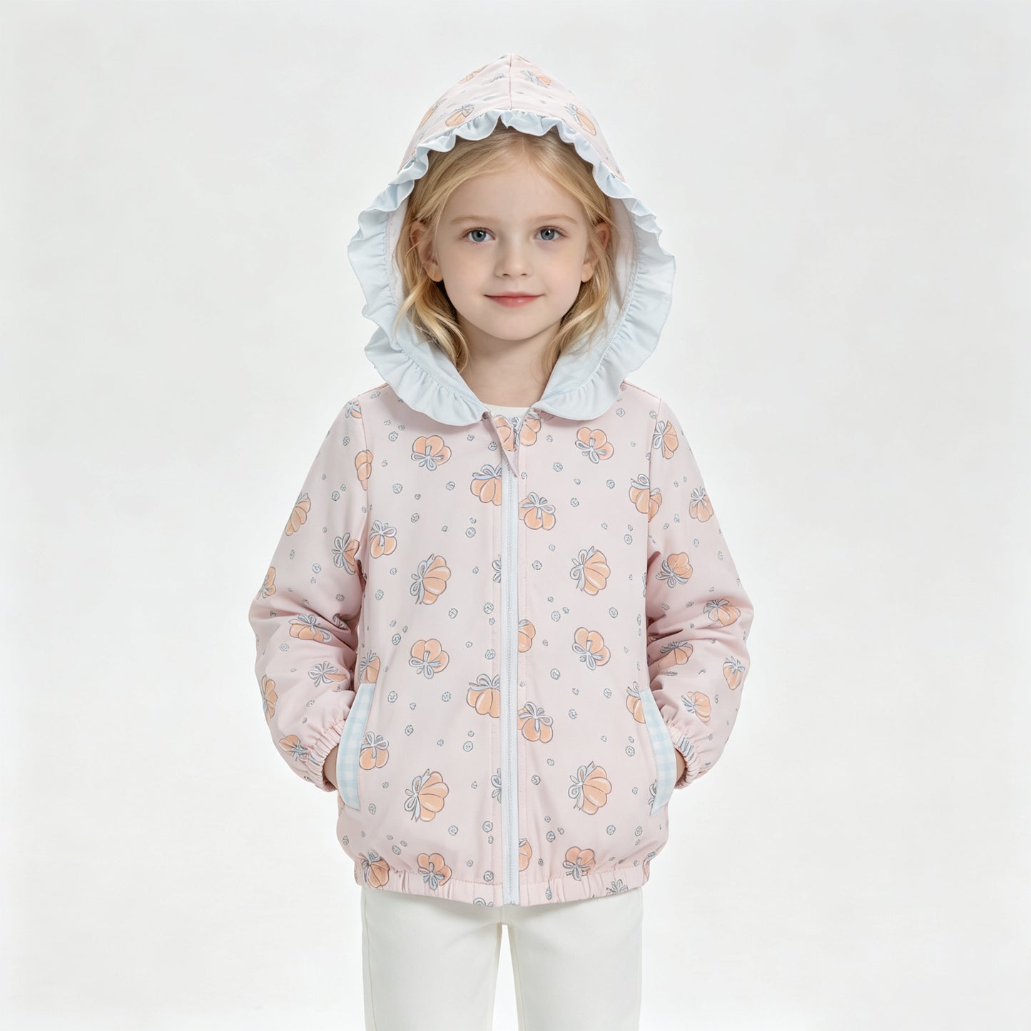 Baby Girls Long Sleeve Flowers Pumpkins Fall Zip Pockets Ruffle Hoodies Jackets Top