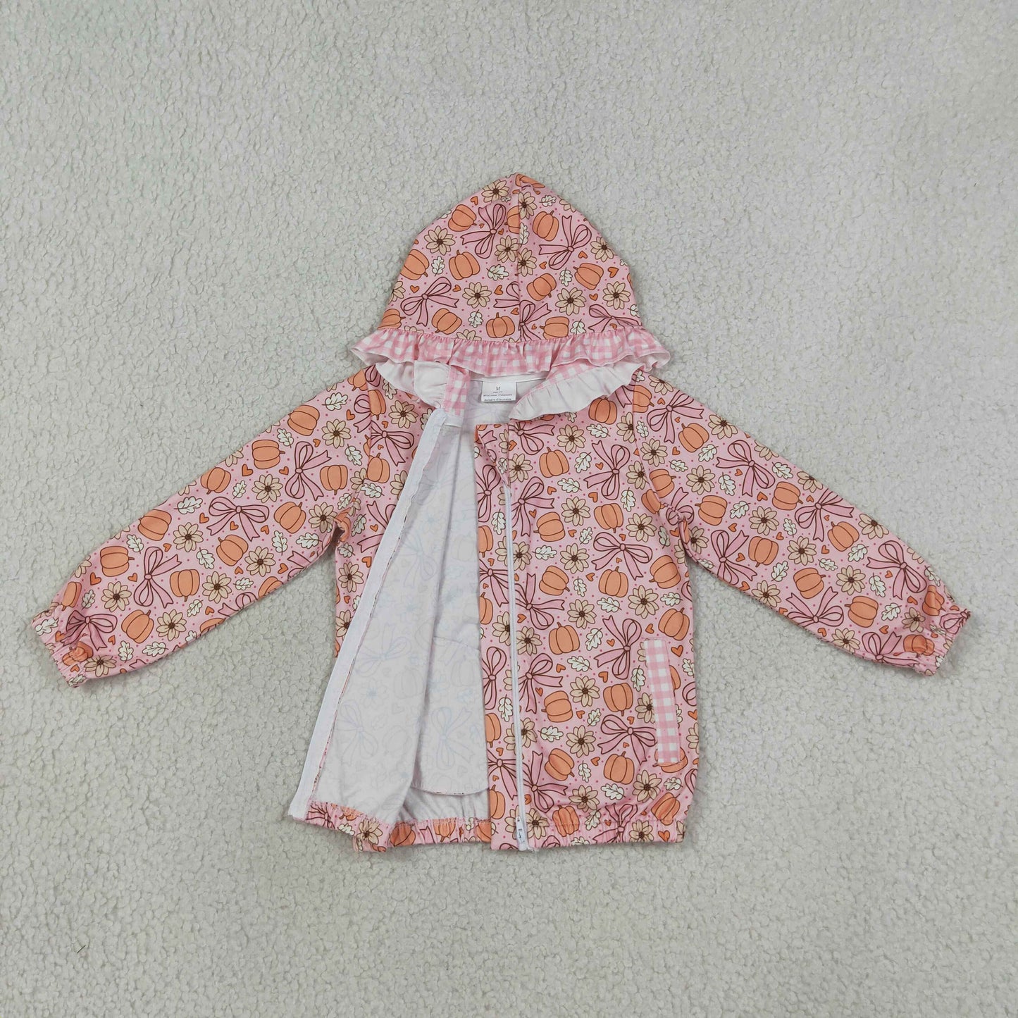 Baby Girls Flowers Bow Pumpkins Fall Zip Pockets Ruffle Hoodie Jackets Top