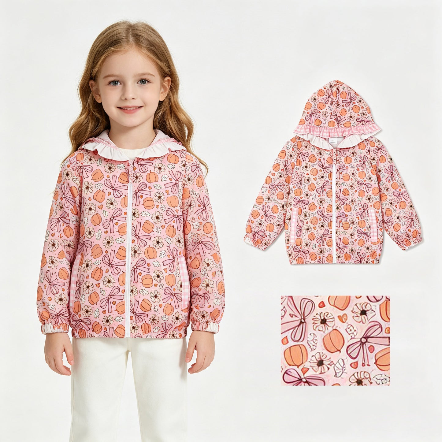 Baby Girls Flowers Bow Pumpkins Fall Zip Pockets Ruffle Hoodie Jackets Top