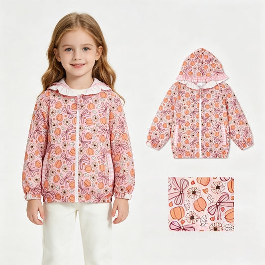 Baby Girls Flowers Bow Pumpkins Fall Zip Pockets Ruffle Hoodie Jackets Top