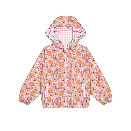 Baby Girls Long Sleeve Flowers Bows Pumpkins Fall Zip Pockets Hoodies Top Preorder