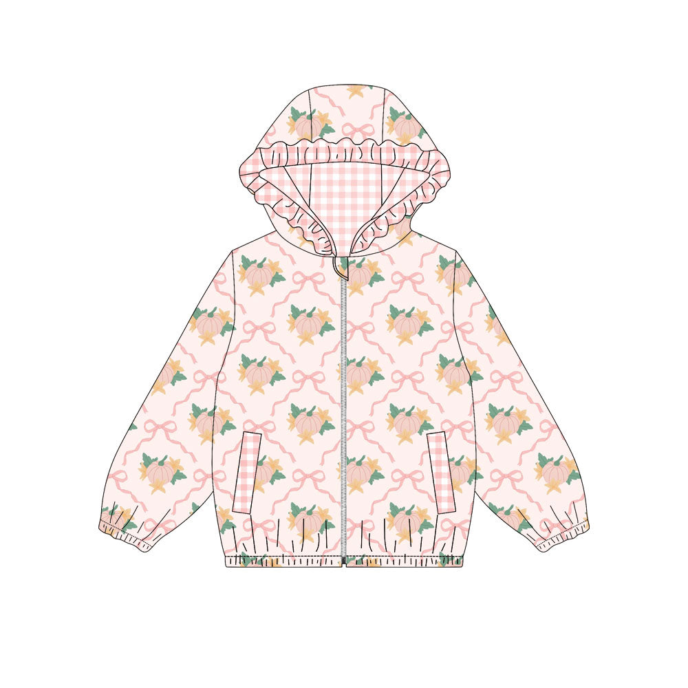 Baby Girls Long Sleeve Bows Pumpkins Fall Zip Pockets Hoodies Top Preorder