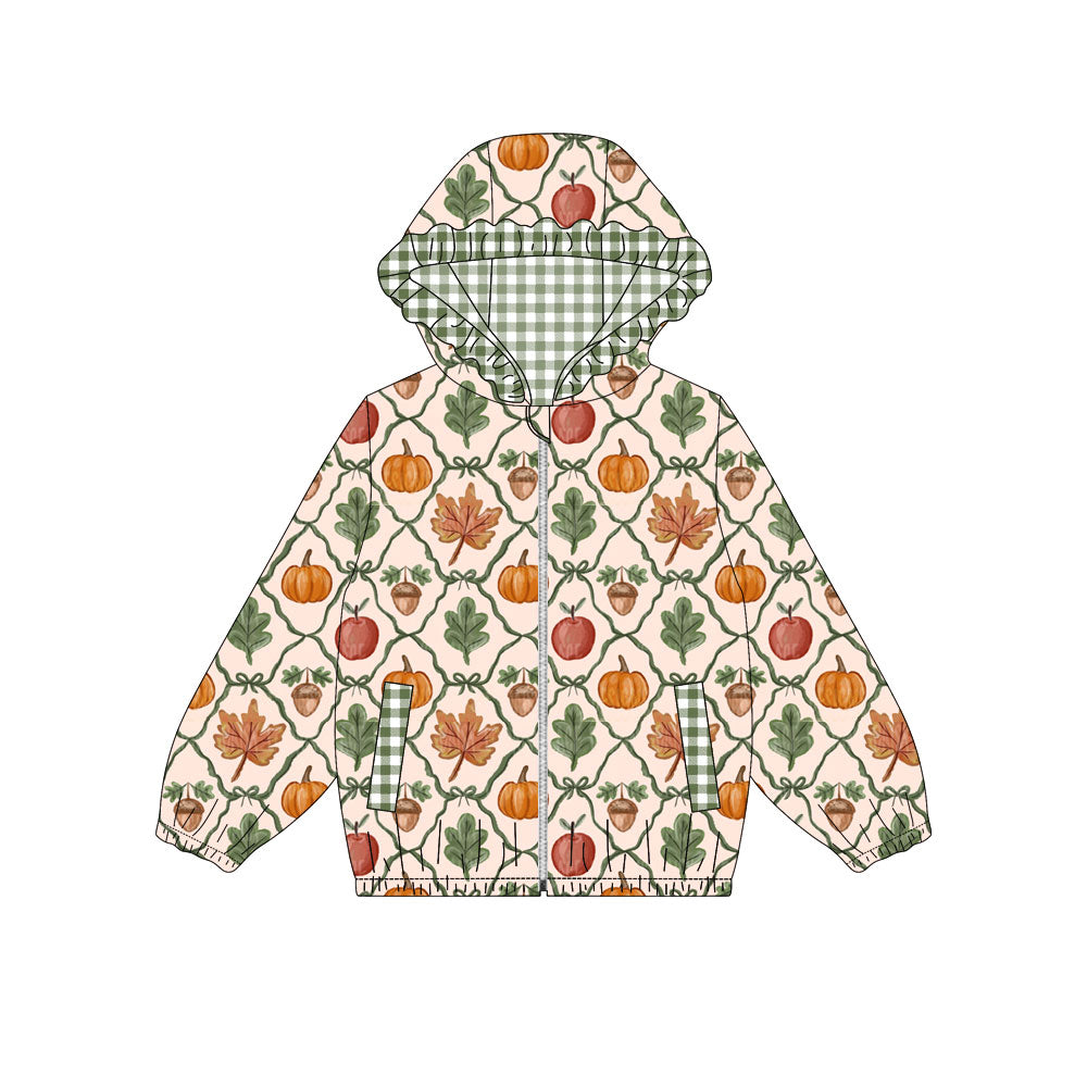 Baby Girls Long Sleeve Leaves Pumpkins Checked Fall Zip Pockets Hoodies Top Preorder