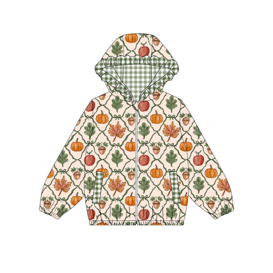 Baby Girls Long Sleeve Leaves Pumpkins Checked Fall Zip Pockets Hoodies Top Preorder