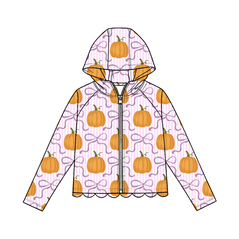 Baby Girls Pink Stripe Bows Pumpkins Fall Scallop Zipper Hoodie Top Preorder