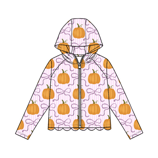 Baby Girls Pink Stripe Bows Pumpkins Fall Scallop Zipper Hoodie Top Preorder
