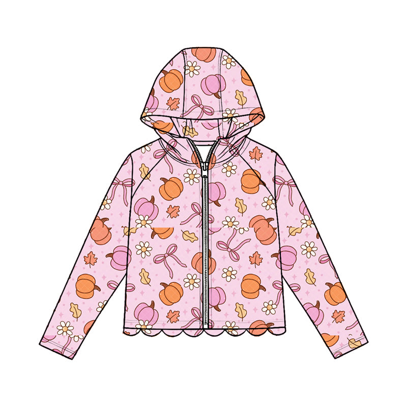 Baby Girls Bows Pumpkins Flowers Fall Scallop Zipper Hoodie Top Preorder