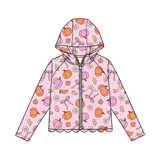 Baby Girls Bows Pumpkins Flowers Fall Scallop Zipper Hoodie Top Preorder
