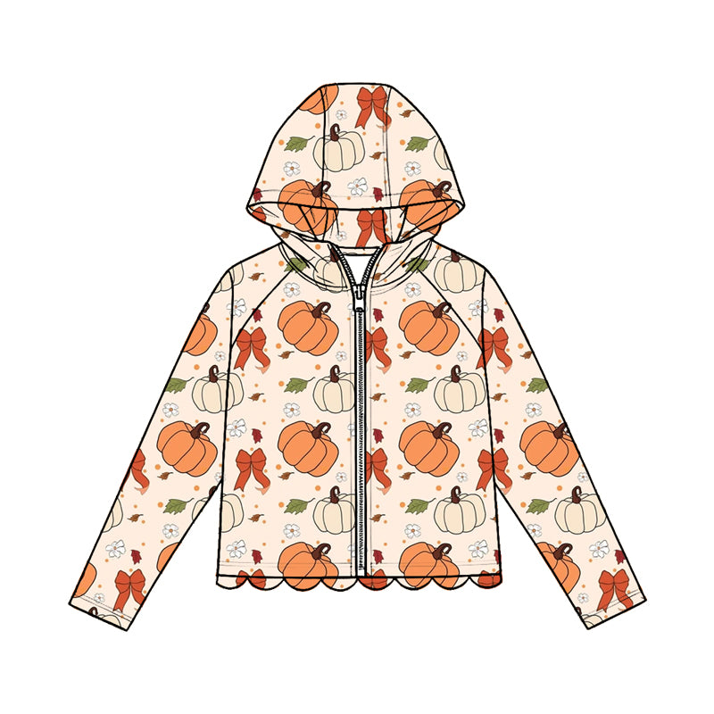 Baby Girls Bows Pumpkins Leaves Fall Scallop Zipper Hoodie Top Preorder