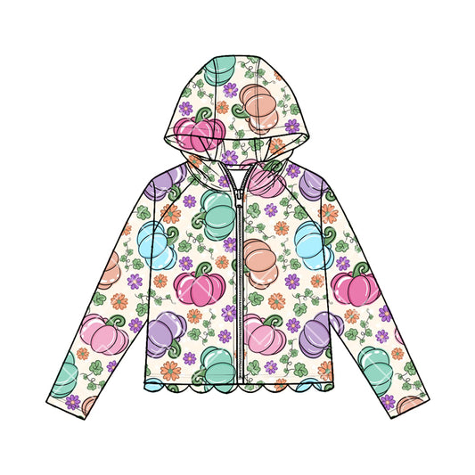 Baby Girls Colorful Pumpkins Flowers Fall Scallop Zipper Hoodie Top Preorder