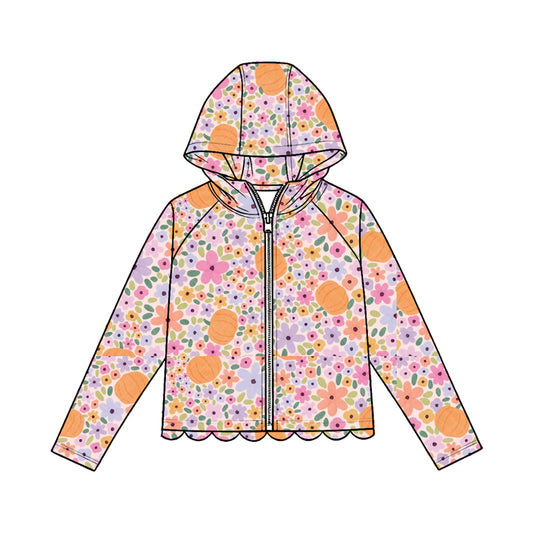 Baby Girls Colorful Pumpkins Flowers Fall Scallop Zipper Hoodie Top Preorder