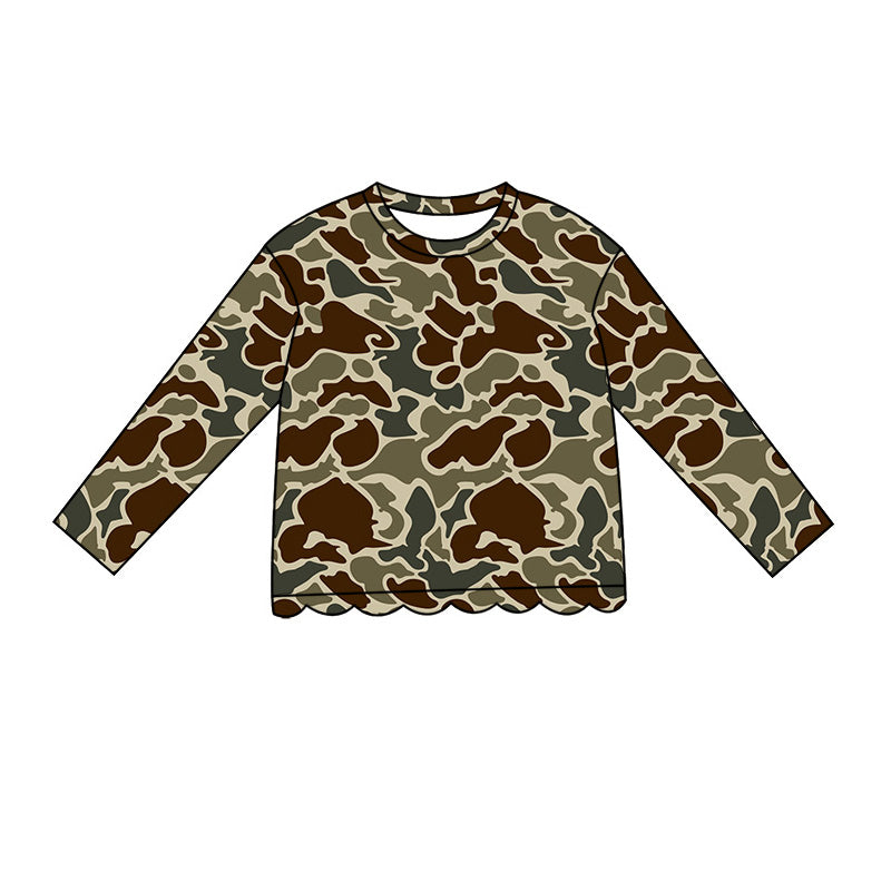 Baby Girls Long Sleeve Southern Dark Khaki Camo Scallop T-shirts Top Preorder