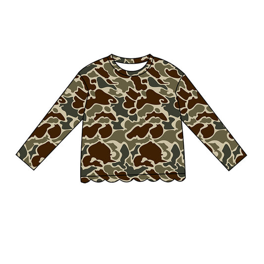 Baby Girls Long Sleeve Southern Dark Khaki Camo Scallop T-shirts Top Preorder