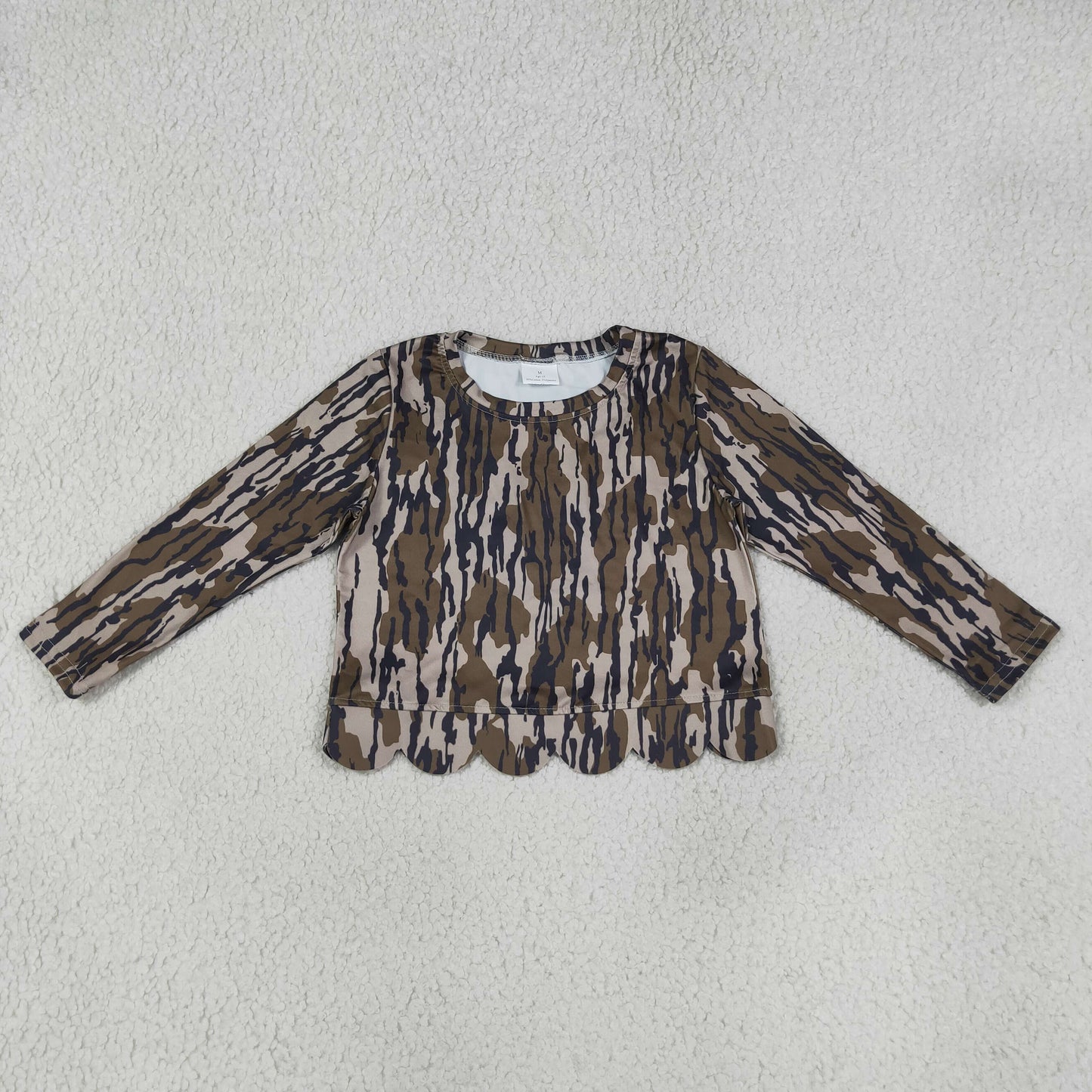 Baby Girls Long Sleeve Southern Olive Wood Camo Scallop T-shirts Top
