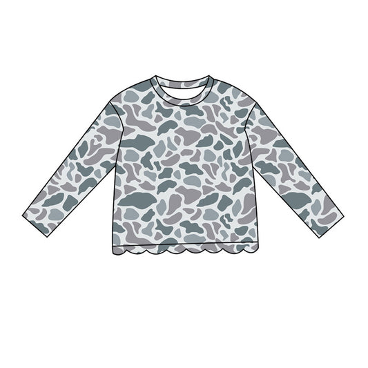 Baby Girls Long Sleeve Southern Light Grey Camo Scallop T-shirts Top Preorder